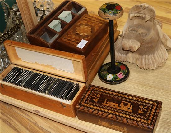 A quantity of treen including slides, a hat stand, a till drawer etc.
